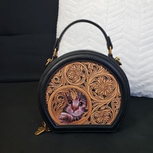 Round cat faux leather double zip crossbody hand bag